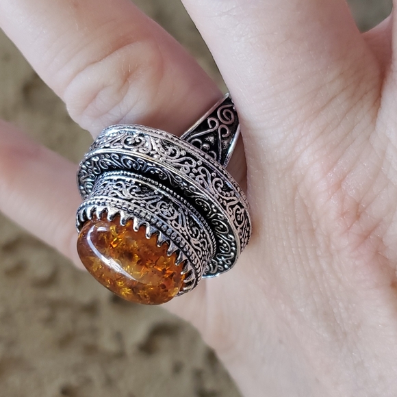 New Baltic Amber Antique Design 925 Silver Statement Ring. - Picture 11 of 16